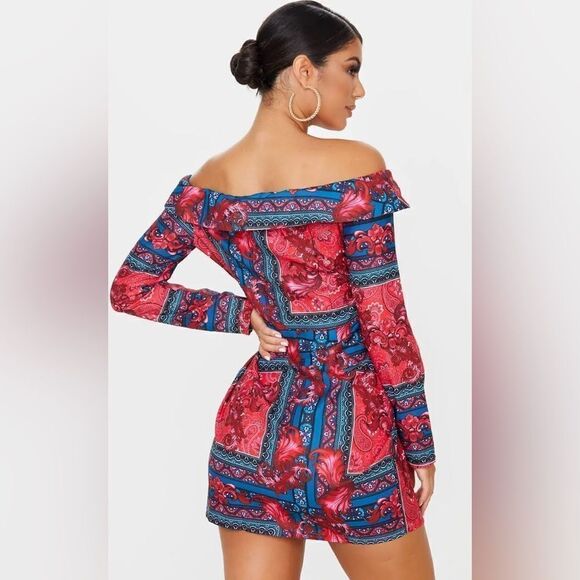 PrettyLittleThing Multi Paisley Bardot Knot Detail Blazer Dress NWT - Picture 6 of 12